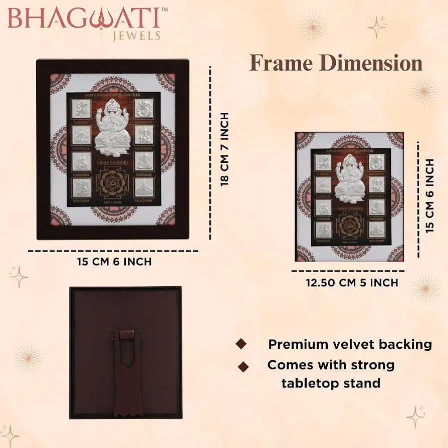 999 Pure Silver Ashta Ganesh Frame | Divine Home Decor | vinayak Darshan Wall Mount Photo for Gift, Wooden Square Photo Frame, Silver Gift Item Office | Tabletop 