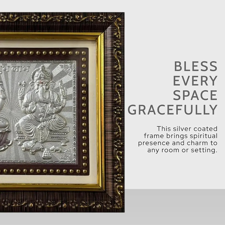 Silver Coating Laxmi Ganesh Frame | Divine Home Decor | Wall Mount SquareFrame for Office, Wooden PhotoFrame for Temple| Wedding Festival Gifts | tabletopframe 