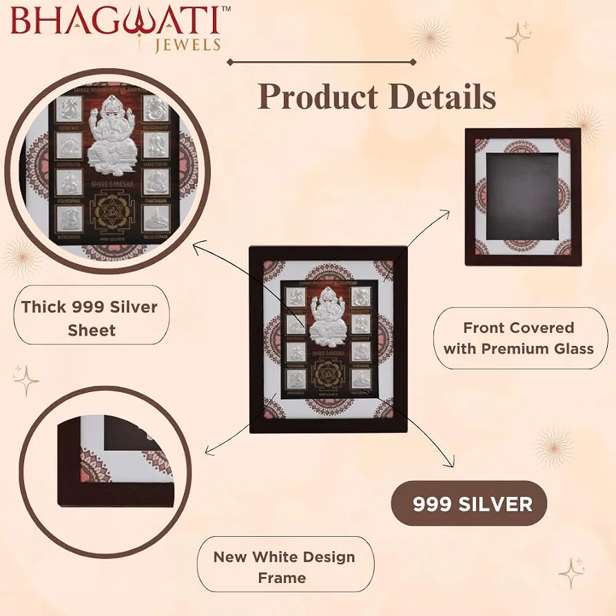 999 Pure Silver Ashta Ganesh Frame | Divine Home Decor | vinayak Darshan Wall Mount Photo for Gift, Wooden Square Photo Frame, Silver Gift Item Office | Tabletop 