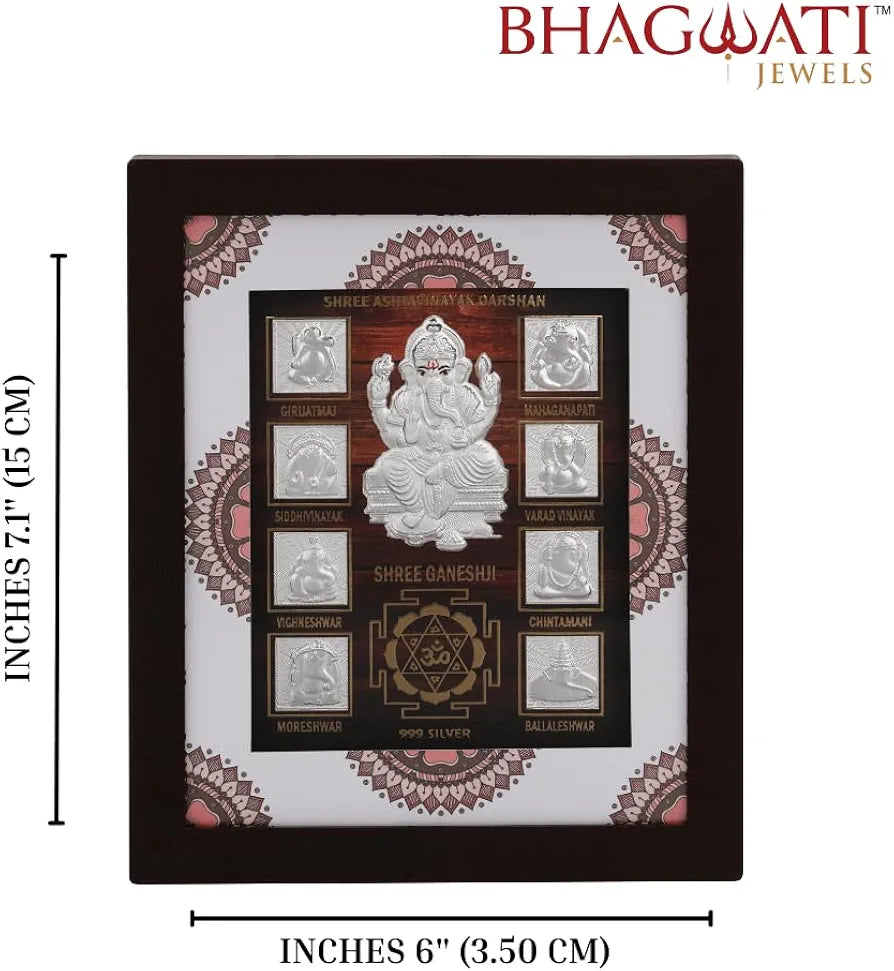 999 Pure Silver Ashta Ganesh Frame | Divine Home Decor | vinayak Darshan Wall Mount Photo for Gift, Wooden Square Photo Frame, Silver Gift Item Office | Tabletop 