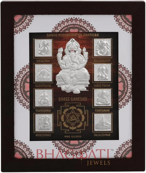 999 Pure Silver Ashta Ganesh Frame | Divine Home Decor | vinayak Darshan Wall Mount Photo for Gift, Wooden Square Photo Frame, Silver Gift Item Office | Tabletop 