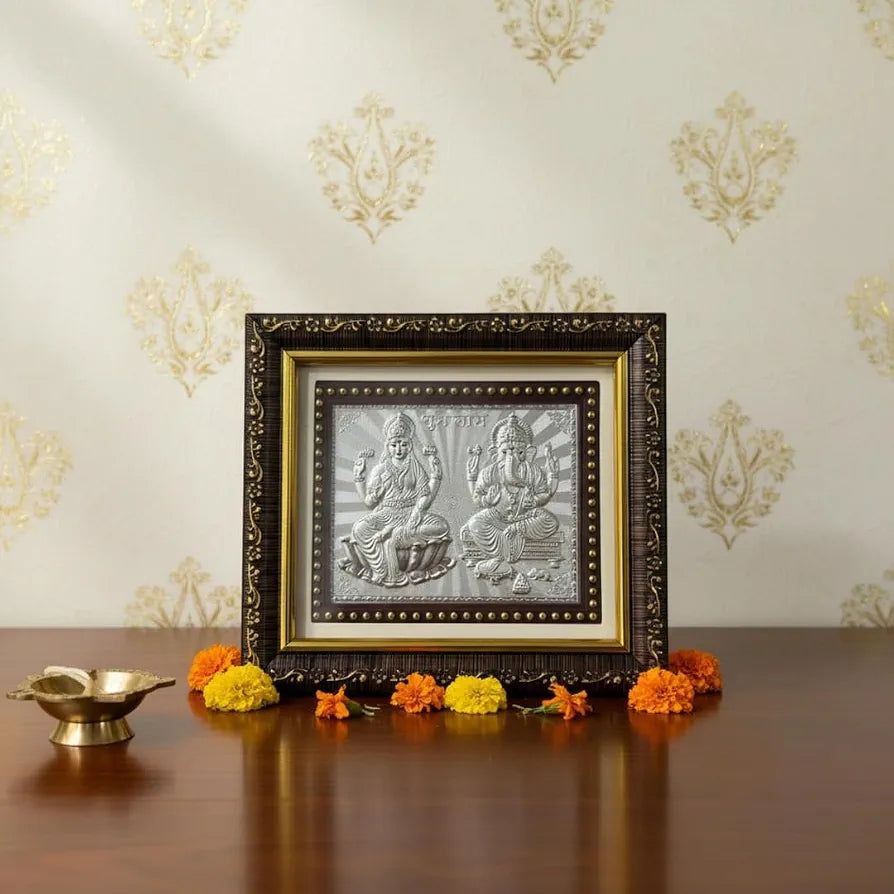 Silver Coating Laxmi Ganesh Frame | Divine Home Decor | Wall Mount SquareFrame for Office, Wooden PhotoFrame for Temple| Wedding Festival Gifts | tabletopframe 