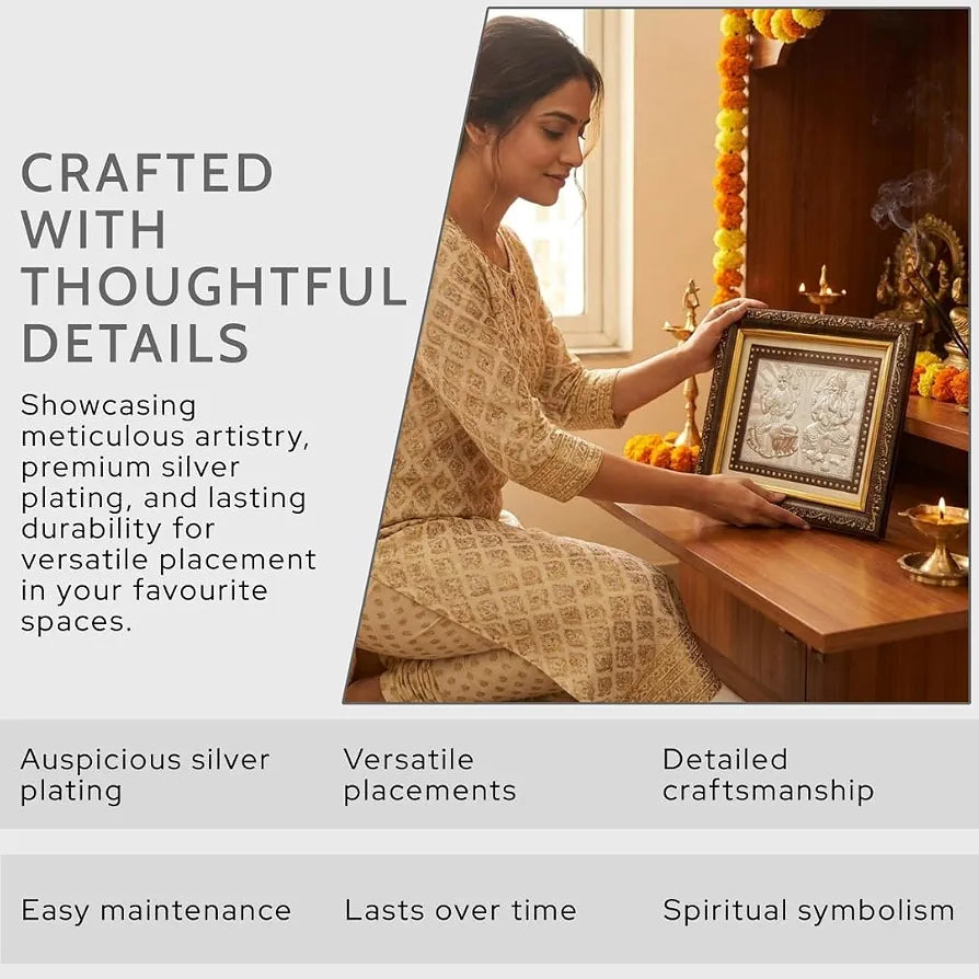 Silver Coating Laxmi Ganesh Frame | Divine Home Decor | Wall Mount SquareFrame for Office, Wooden PhotoFrame for Temple| Wedding Festival Gifts | tabletopframe 