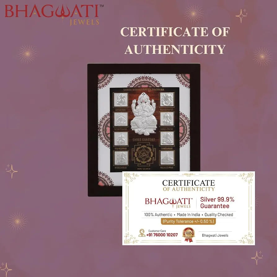 999 Pure Silver Ashta Ganesh Frame | Divine Home Decor | vinayak Darshan Wall Mount Photo for Gift, Wooden Square Photo Frame, Silver Gift Item Office | Tabletop 