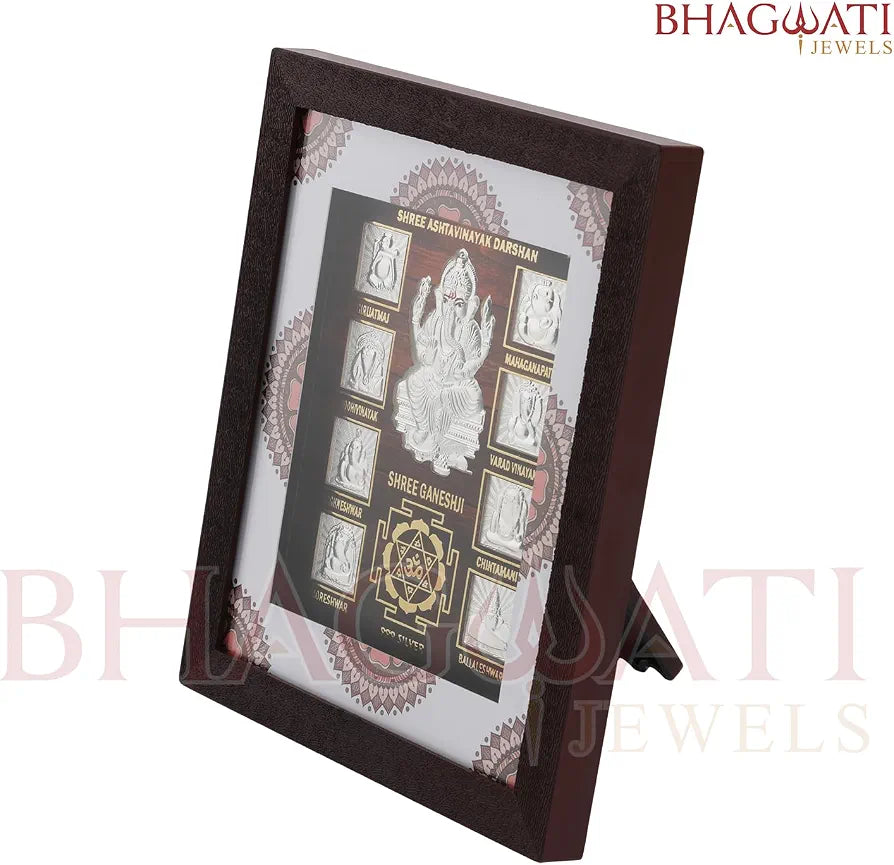 999 Pure Silver Ashta Ganesh Frame | Divine Home Decor | vinayak Darshan Wall Mount Photo for Gift, Wooden Square Photo Frame, Silver Gift Item Office | Tabletop 