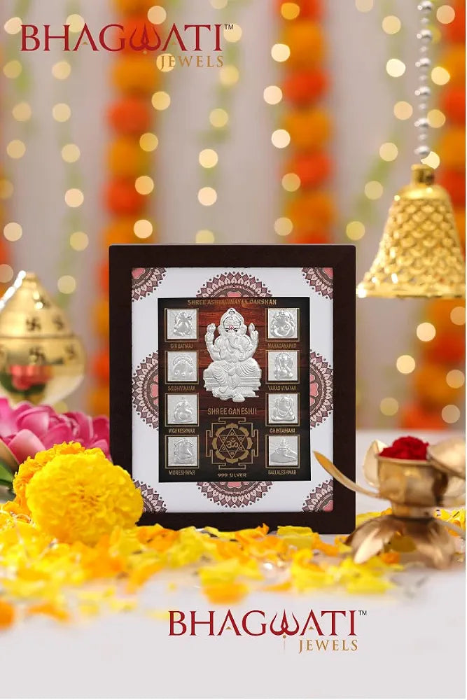 999 Pure Silver Ashta Ganesh Frame | Divine Home Decor | vinayak Darshan Wall Mount Photo for Gift, Wooden Square Photo Frame, Silver Gift Item Office | Tabletop 